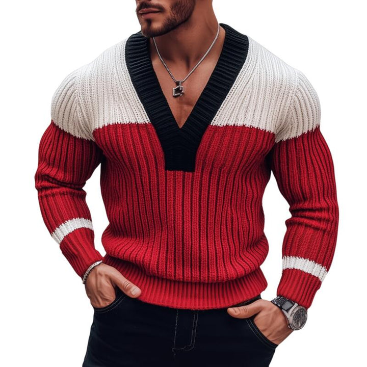 Męski Stylowy Sweter Pullover z Kontrastowym Kolorem, Oddychający, Dzianinowy, Slim Fit MTA2838H0M