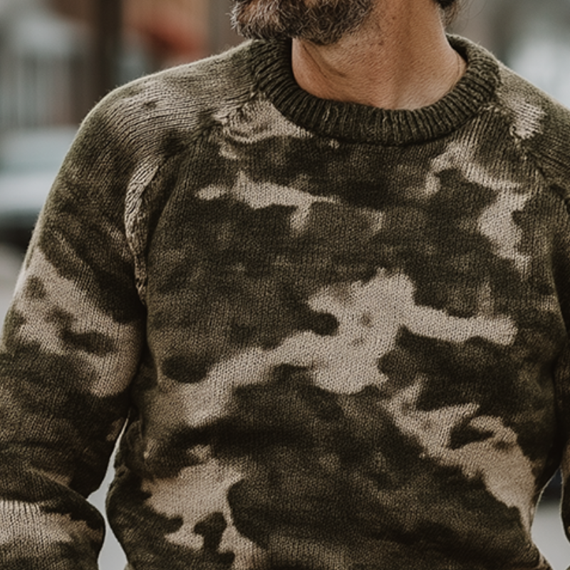 Męski Retro Casual Sweter w Kamuflażu z Okrągłym Dekoltem MTA2169H0TO