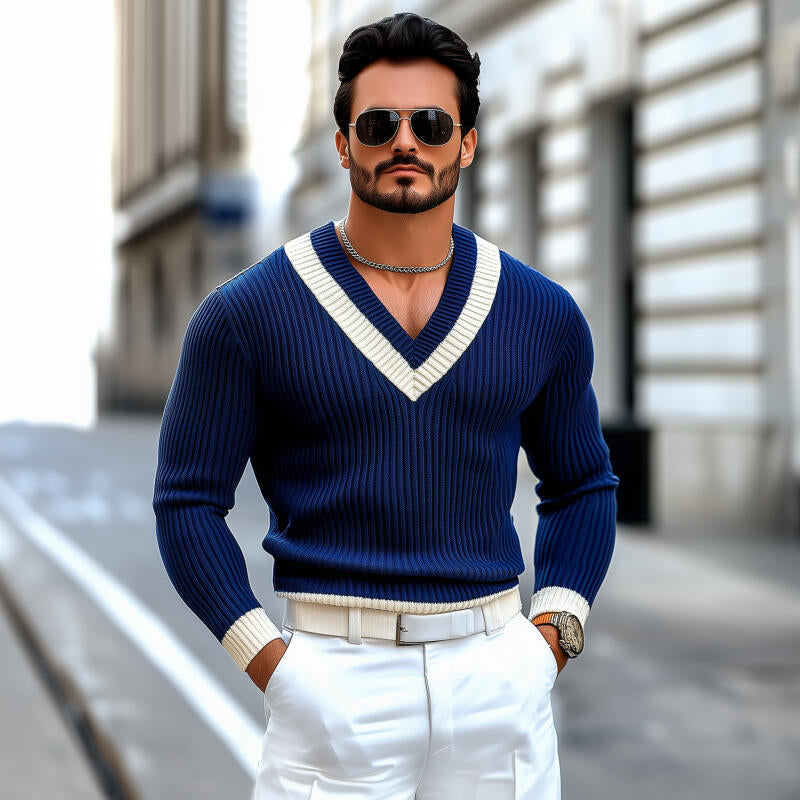 Męski Vintage Kontrastowy Sweter z V-kształtnym Dekoltem, Slim Fit, Długi Rękaw MTA2709H9M