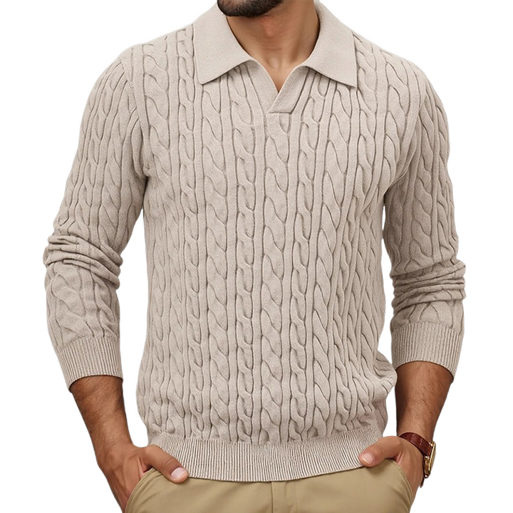 Męski sweter polo z dekoltem, slim fit, w jednolitym kolorze, z fakturą w warkocze MTA1373H6X