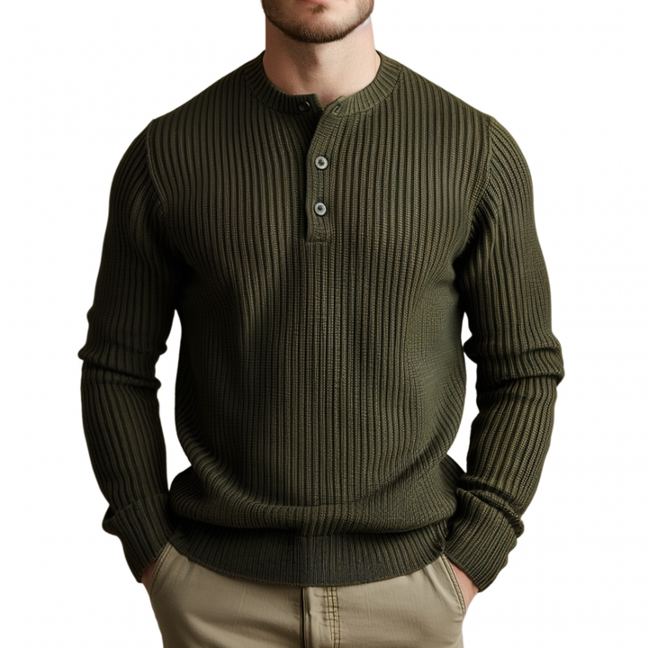 Męski sweter casualowy z dekoltem Henley, jednolity kolor, slim fit, długi rękaw, MTA0540H8M