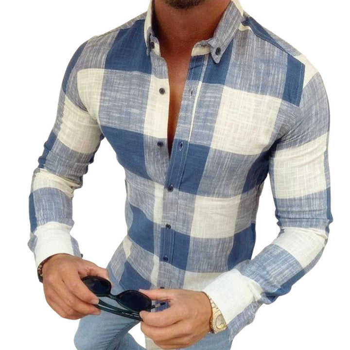 Męska Casualowa Koszula w Kratę z Bawełny z Kołnierzykiem Slim Fit z Długim Rękawem 90486726M