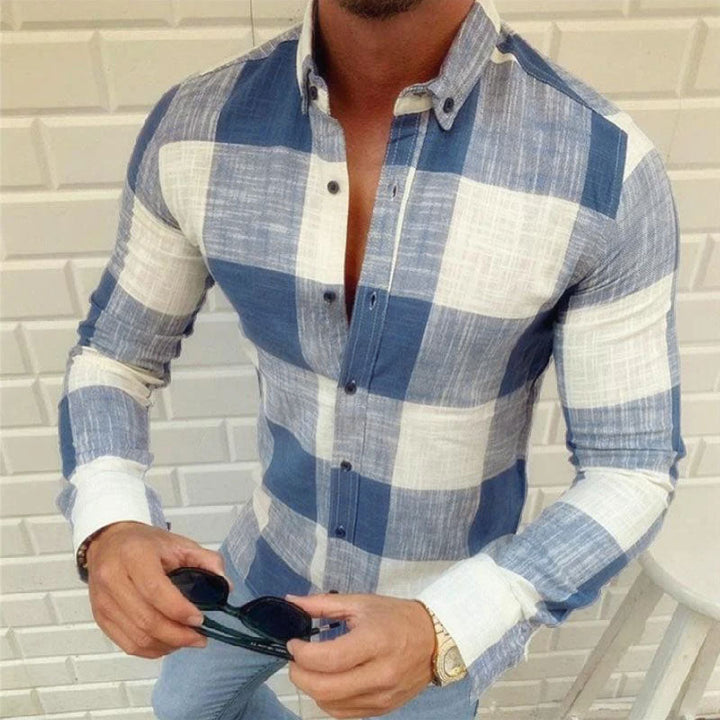 Męska Casualowa Koszula w Kratę z Bawełny z Kołnierzykiem Slim Fit z Długim Rękawem 90486726M