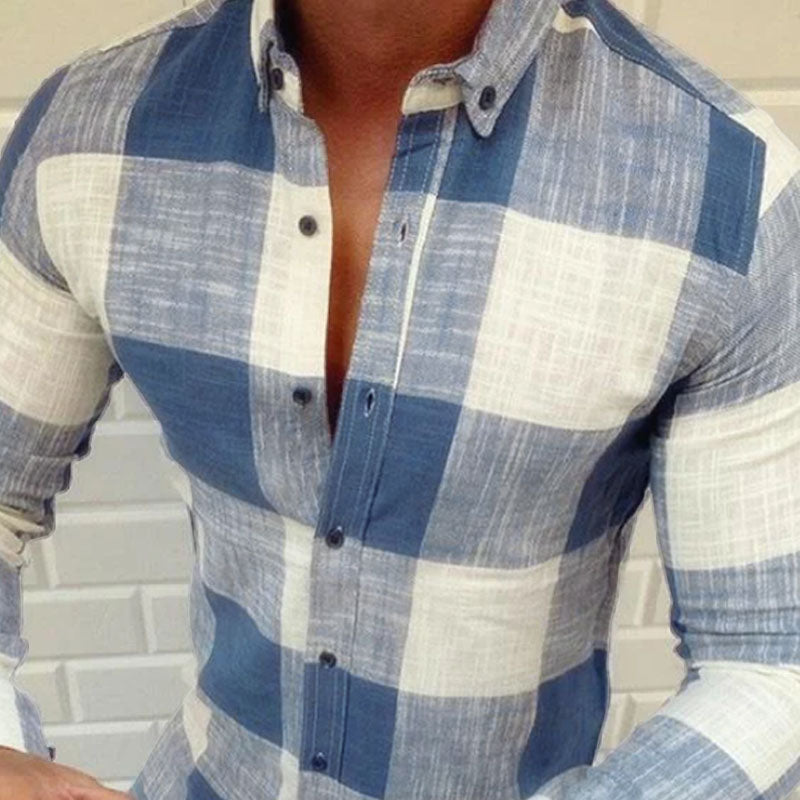 Męska Casualowa Koszula w Kratę z Bawełny z Kołnierzykiem Slim Fit z Długim Rękawem 90486726M