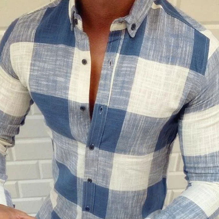 Męska Casualowa Koszula w Kratę z Bawełny z Kołnierzykiem Slim Fit z Długim Rękawem 90486726M