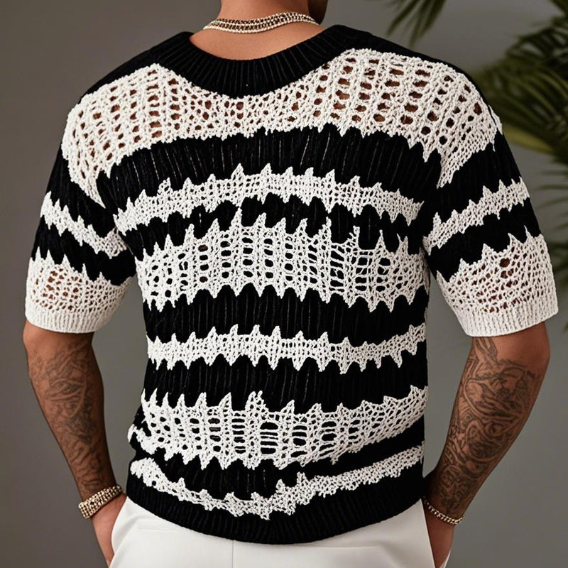 【24-godzinna wysyłka】Męski sweter z dzianiny z kontrastowym kolorze, dekoltem w serek i krótkim rękawem T-Shirt 14944957X
