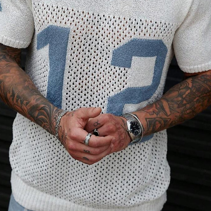 【24-godzinne wysyłki】Męski sweter T-shirt z krótkim rękawem z dzianiny z nadrukiem sportowym MTA1856C1X