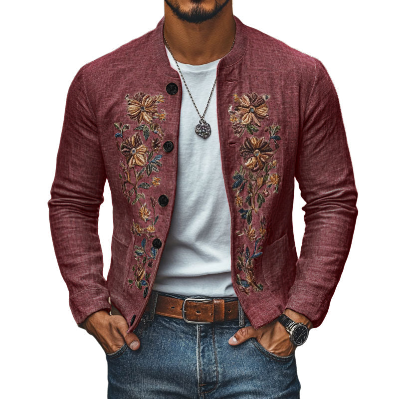 【24-godzinna wysyłka】Męska Casualowa Lniana Kurtka z Haftem z Stojącym Kołnierzem i Zapięciem na Guziki Slim Fit 48687422M