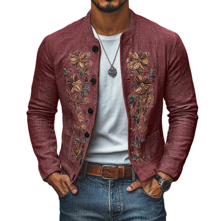【24-godzinna wysyłka】Męska Casualowa Lniana Kurtka z Haftem z Stojącym Kołnierzem i Zapięciem na Guziki Slim Fit 48687422M