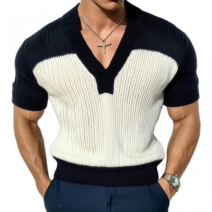 Męski Casual Sweter z Kontrastowym Kolorem V-Neck Slim Fit Krótki Rękaw T-Shirt MTA1727C6M