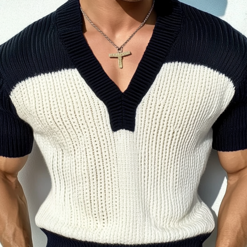 Męski Casual Sweter z Kontrastowym Kolorem V-Neck Slim Fit Krótki Rękaw T-Shirt MTA1727C6M
