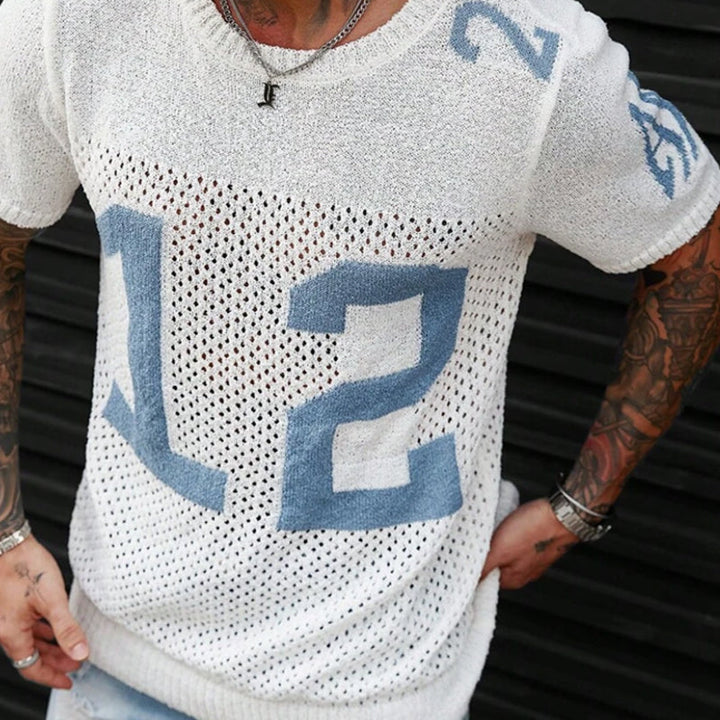 【24-godzinne wysyłki】Męski sweter T-shirt z krótkim rękawem z dzianiny z nadrukiem sportowym MTA1856C1X