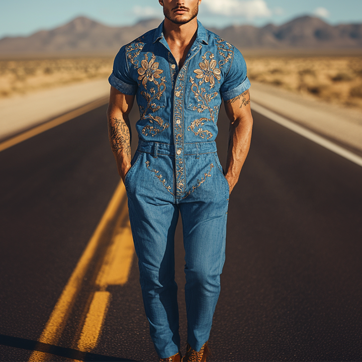 【24-godzinne wysyłanie】Męski letni moda casual klasyczny styl western Tencel dżins haftowany kombinezon MTA1244D2K