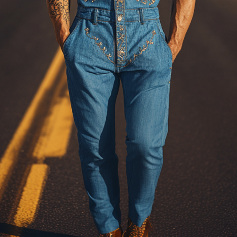 【24-godzinne wysyłanie】Męski letni moda casual klasyczny styl western Tencel dżins haftowany kombinezon MTA1244D2K