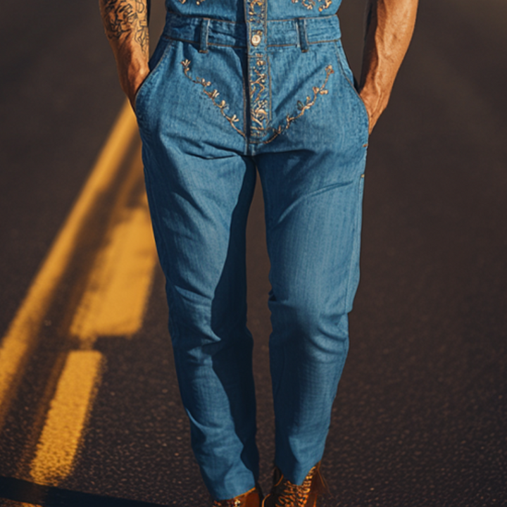【24-godzinne wysyłanie】Męski letni moda casual klasyczny styl western Tencel dżins haftowany kombinezon MTA1244D2K