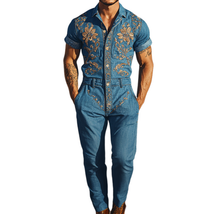 【24-godzinne wysyłanie】Męski letni moda casual klasyczny styl western Tencel dżins haftowany kombinezon MTA1244D2K