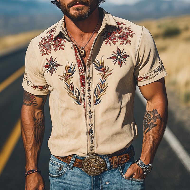 【24-godzinne wysyłanie】Męska koszula z krótkim rękawem w stylu retro western, zamszowa, haftowana, na wiosnę/lato MTA1533D2K