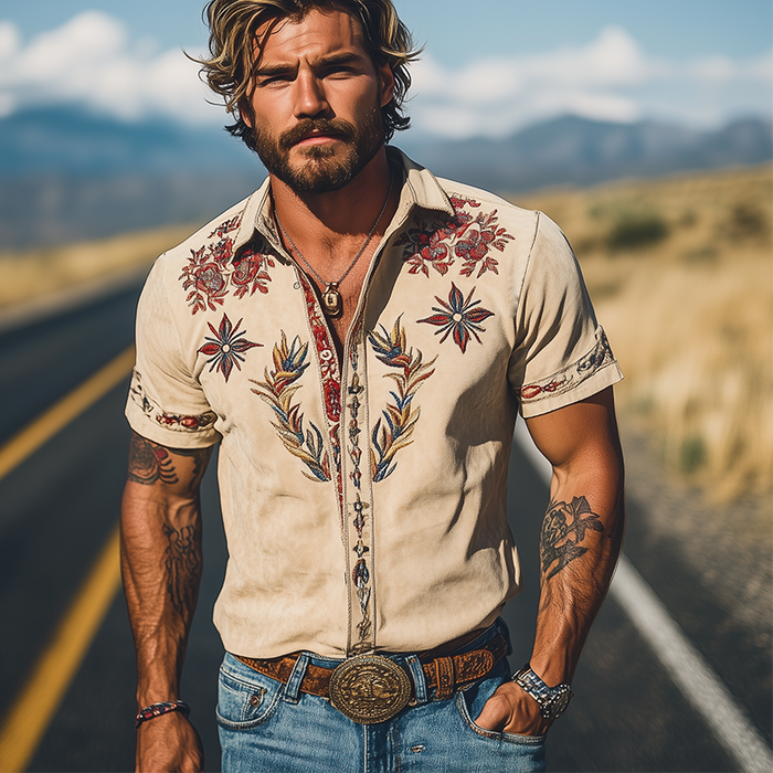 【24-godzinne wysyłanie】Męska koszula z krótkim rękawem w stylu retro western, zamszowa, haftowana, na wiosnę/lato MTA1533D2K