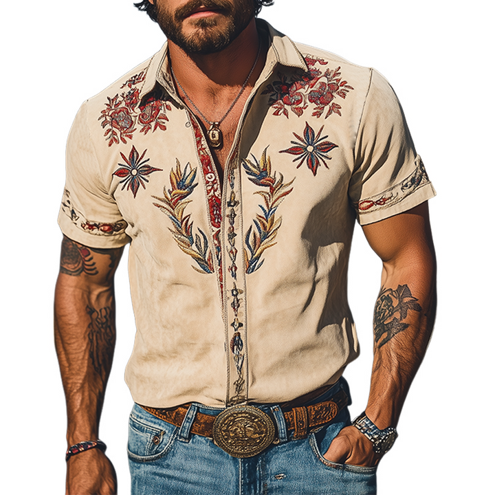 【24-godzinne wysyłanie】Męska koszula z krótkim rękawem w stylu retro western, zamszowa, haftowana, na wiosnę/lato MTA1533D2K