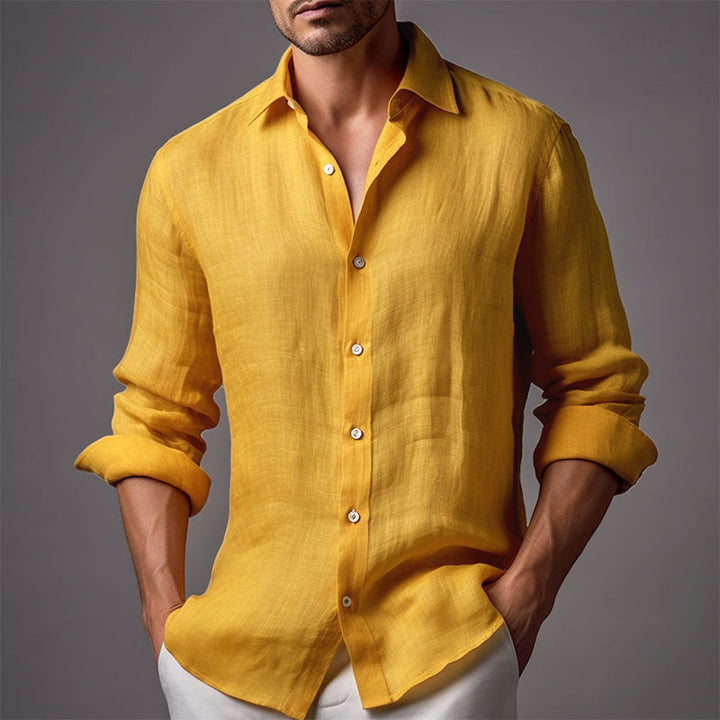 Męska Casualowa Koszula z Lnianym Kołnierzykiem w Jednolitym Kolorze, Slim Fit, Długi Rękaw 68576086M