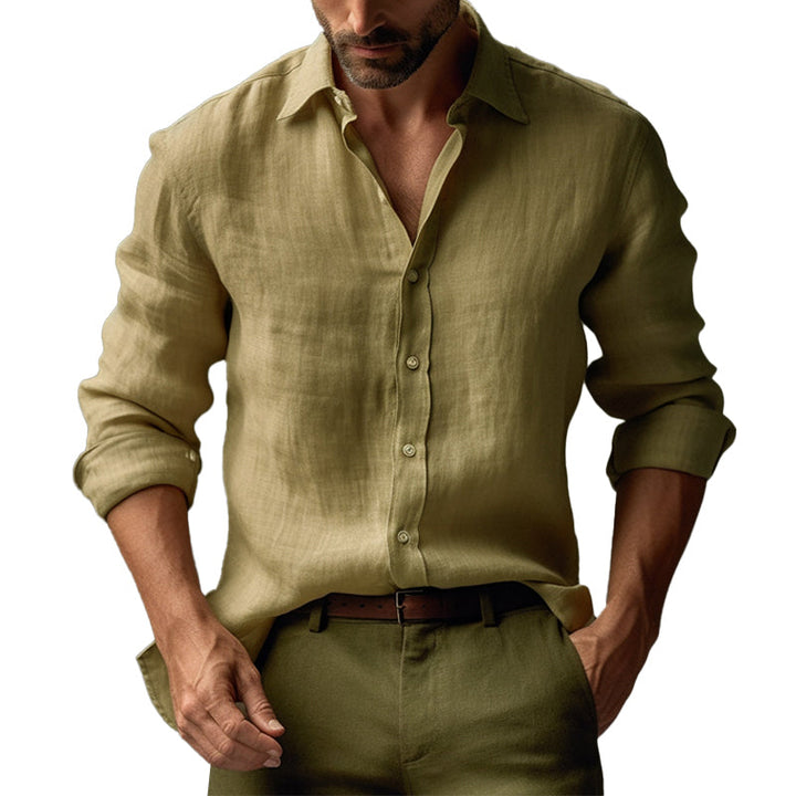 Męska Casualowa Koszula z Lnianym Kołnierzykiem w Jednolitym Kolorze, Slim Fit, Długi Rękaw 68576086M