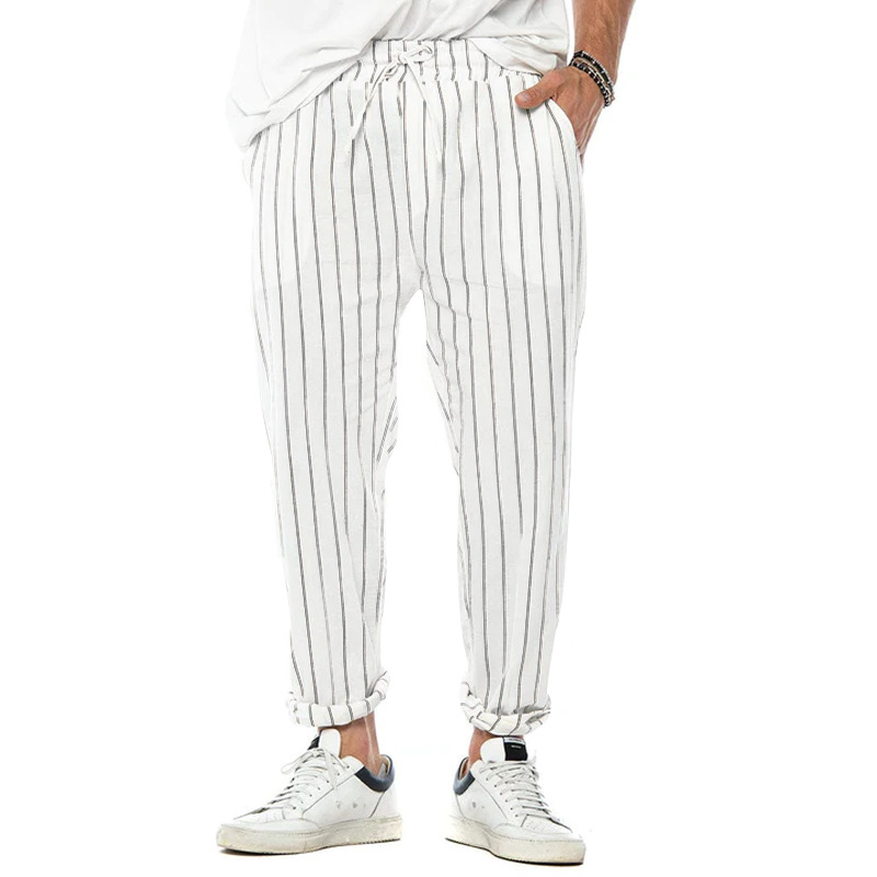 Męskie Spodnie Casual w Pionowe Paski z Bawełny i Lnu, Proste, Luźne, Modne 38653954Z