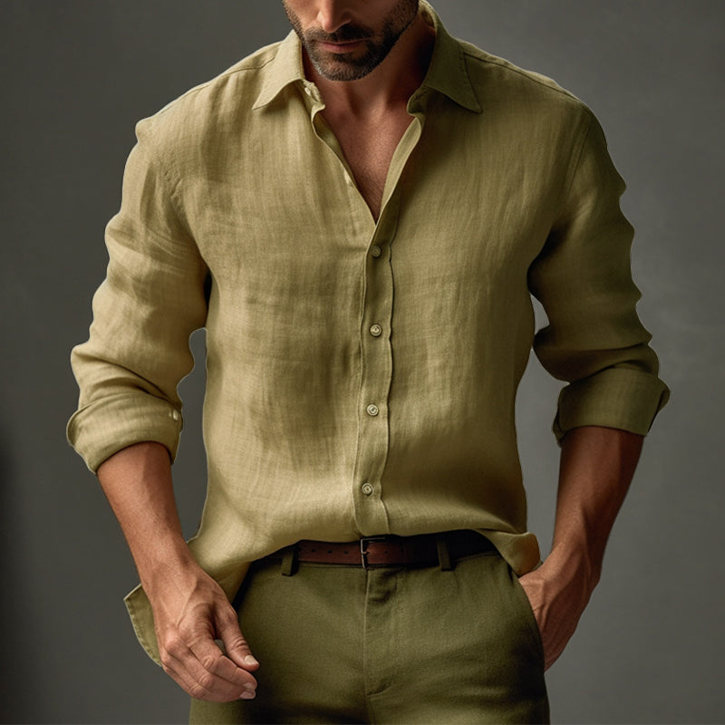 Męska Casualowa Koszula z Lnianym Kołnierzykiem w Jednolitym Kolorze, Slim Fit, Długi Rękaw 68576086M