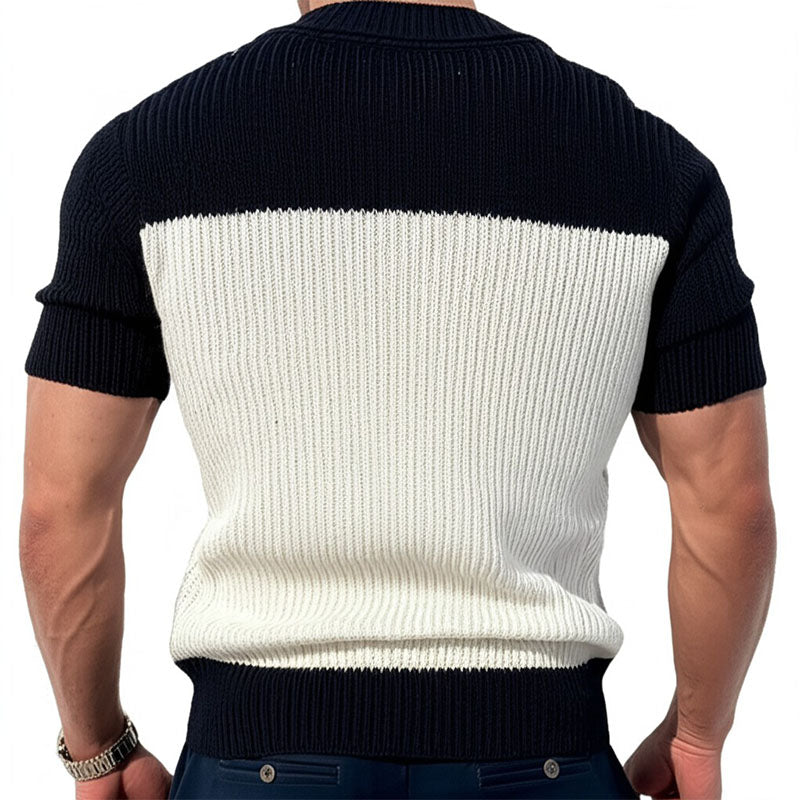 Męski Casual Sweter z Kontrastowym Kolorem V-Neck Slim Fit Krótki Rękaw T-Shirt MTA1727C6M