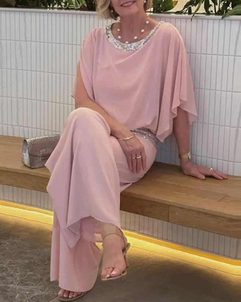 Marcelina | Elegancki dwuczęściowy zestaw z cekinami i kolorowym wzorem blokowym
