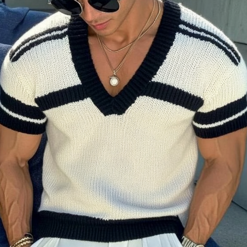 【24-godzinne wysyłki】Męski casualowy sweter z dekoltem w serek w paski, slim fit, krótkie rękawy, dzianina T-Shirt 13072472M