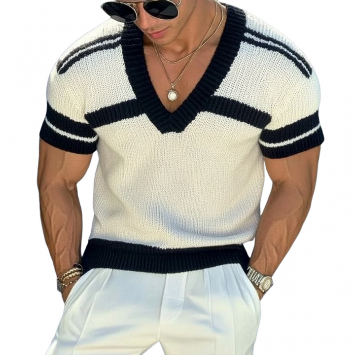 【24-godzinne wysyłki】Męski casualowy sweter z dekoltem w serek w paski, slim fit, krótkie rękawy, dzianina T-Shirt 13072472M