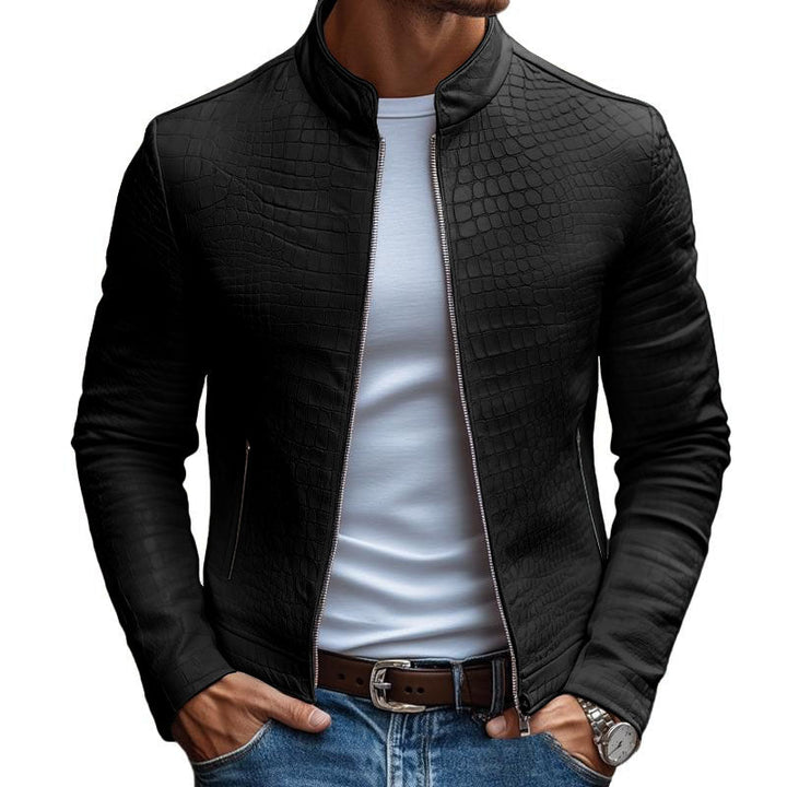 【24-godzinny czas wysyłki】Męska modna kurtka skórzana z zamkiem, slim fit, z wzorem kamienia, kołnierz stojący 45773252M