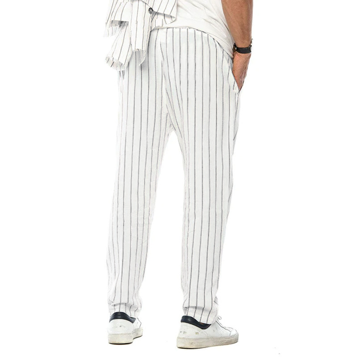 Męskie Spodnie Casual w Pionowe Paski z Bawełny i Lnu, Proste, Luźne, Modne 38653954Z