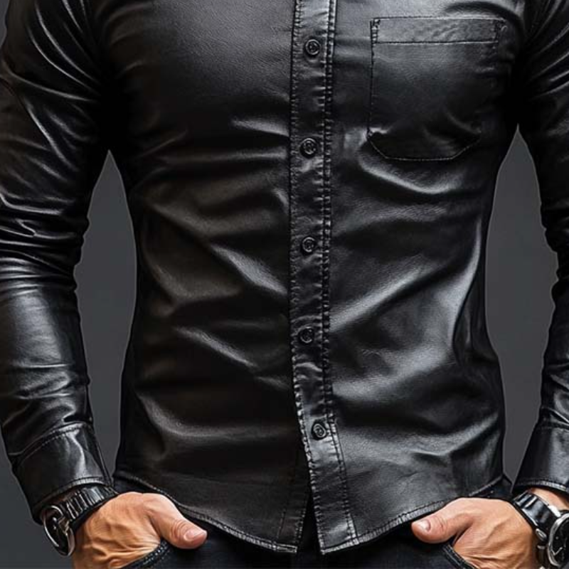 Męska Klasyczna Casual Slim Fit Skórzana Koszula z Długim Rękawem 79897850K