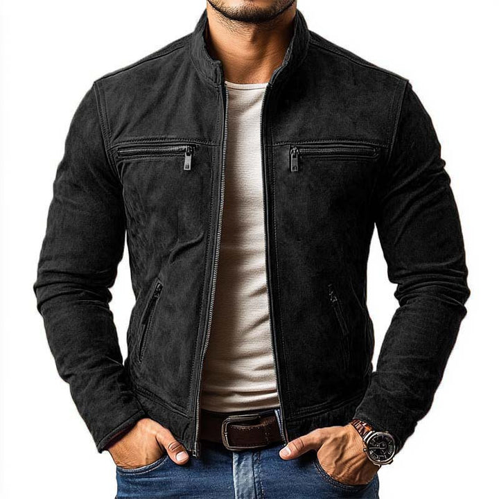 Męska klasyczna casualowa kurtka slim fit z zamkiem, wieloma kieszeniami i stójką z zamszu 21868311K