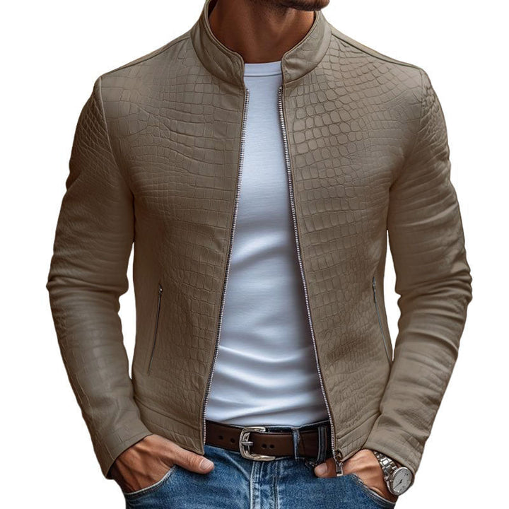 【24-godzinny czas wysyłki】Męska modna kurtka skórzana z zamkiem, slim fit, z wzorem kamienia, kołnierz stojący 45773252M