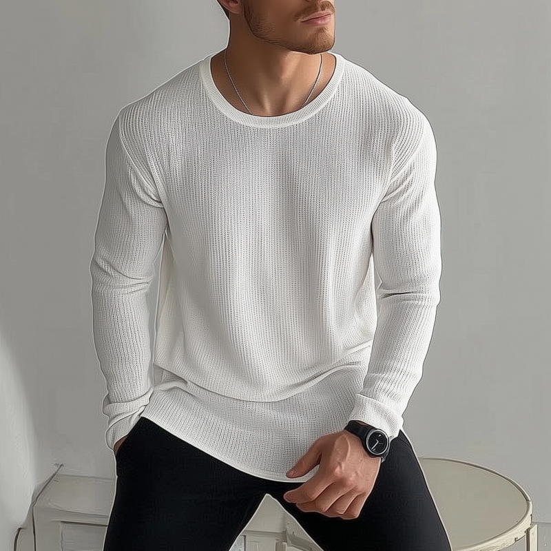 Męski Casual Jednolity Kolor Oddychający Dzianinowy Sweter T-shirt z Okrągłym Dekoltem Luźny Długi Rękaw MTA2184G6M