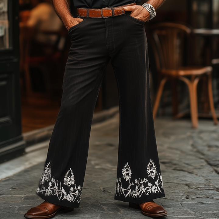 Męskie Spodnie w Stylu Western Cowboy Vintage Srebrne Haftowane z Rozkloszowanym Nogawką MTA1324F7U