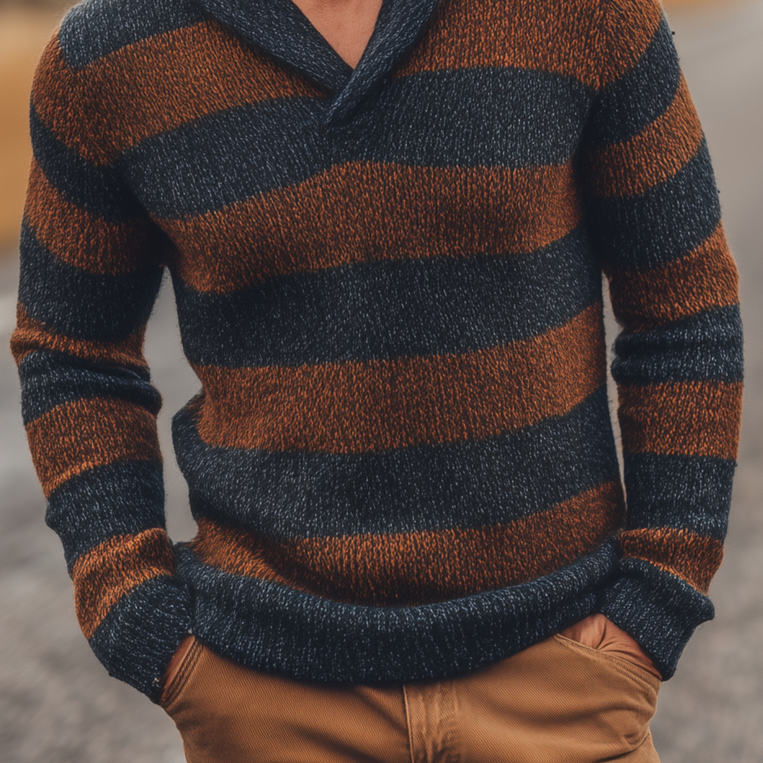 Męski klasyczny casualowy sweter z dekoltem w serek w kontrastowe paski, slim-fit MTA3077H8K