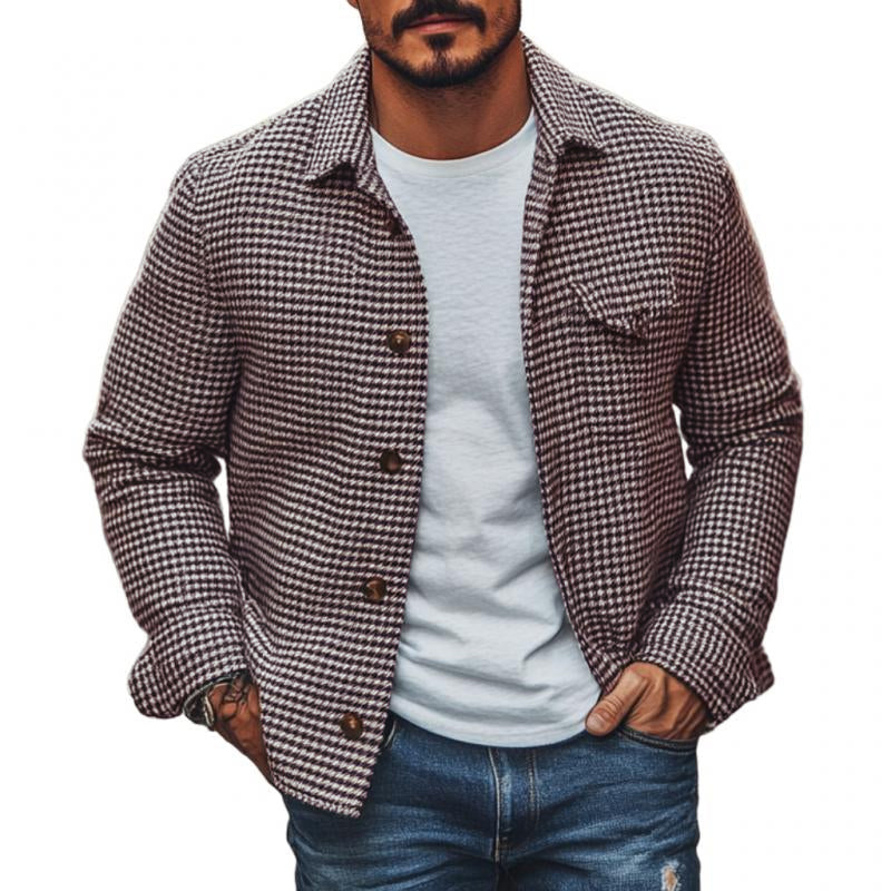 Męska Vintage Marynarka Koszulowa w Kratę Houndstooth z Klapami 85588306M