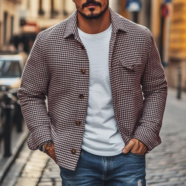 Męska Vintage Marynarka Koszulowa w Kratę Houndstooth z Klapami 85588306M