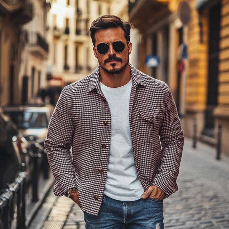 Męska Vintage Marynarka Koszulowa w Kratę Houndstooth z Klapami 85588306M