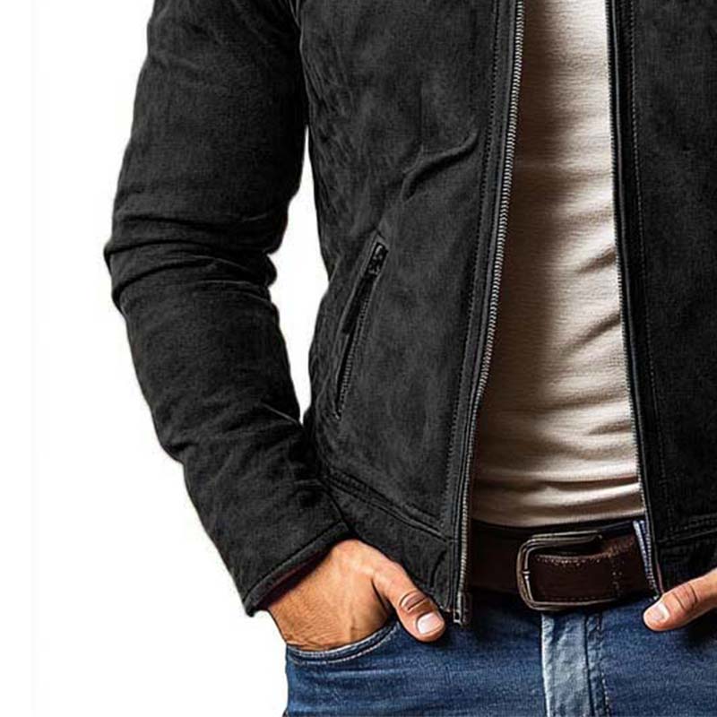Męska klasyczna casualowa kurtka slim fit z zamkiem, wieloma kieszeniami i stójką z zamszu 21868311K
