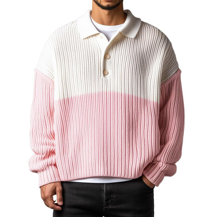 Męski Casualowy Sweter z Długim Rękawem w Kontrastowych Kolorach z Kołnierzykiem Polo MTA2716H0M