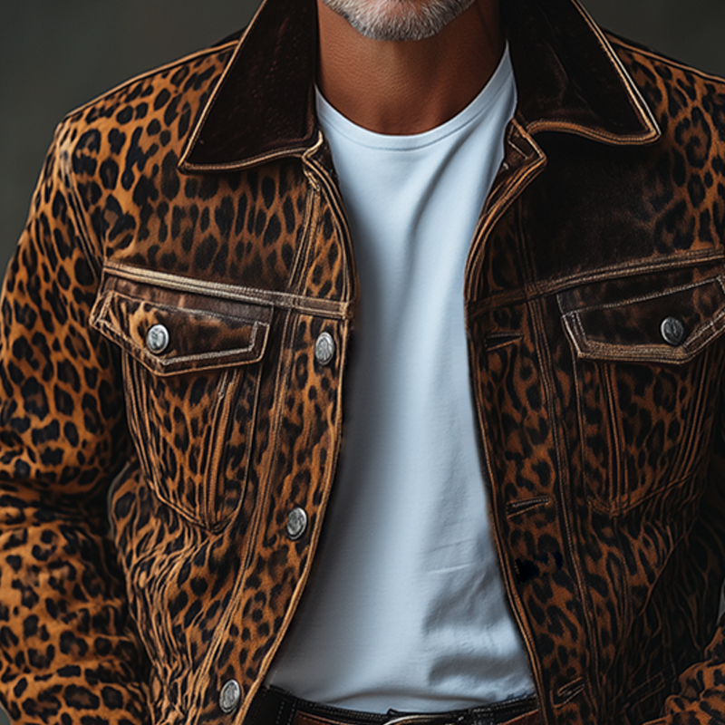 Męska moda: kurtka cargo z jednorzędowym zapięciem, z kieszenią na piersi, z zamszu w leopardzie 99029220Z