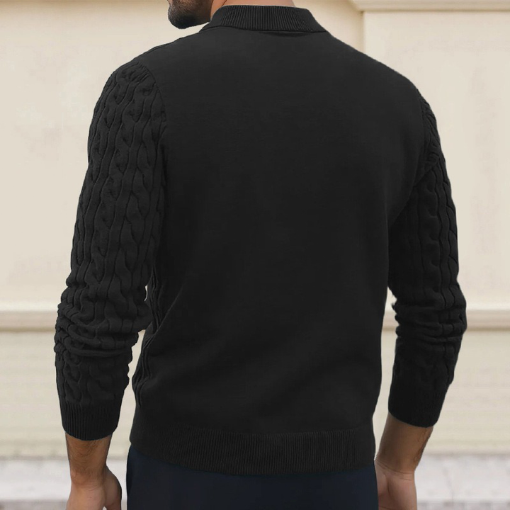 Męski sweter polo z dekoltem, slim fit, w jednolitym kolorze, z fakturą w warkocze MTA1373H6X