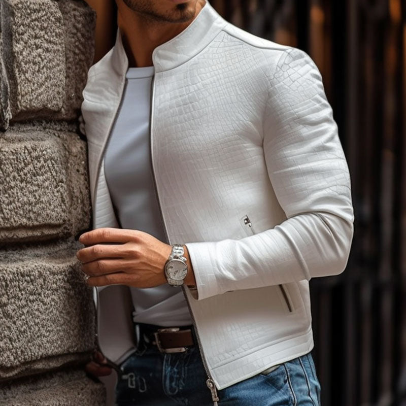 【24-godzinny czas wysyłki】Męska modna kurtka skórzana z zamkiem, slim fit, z wzorem kamienia, kołnierz stojący 45773252M