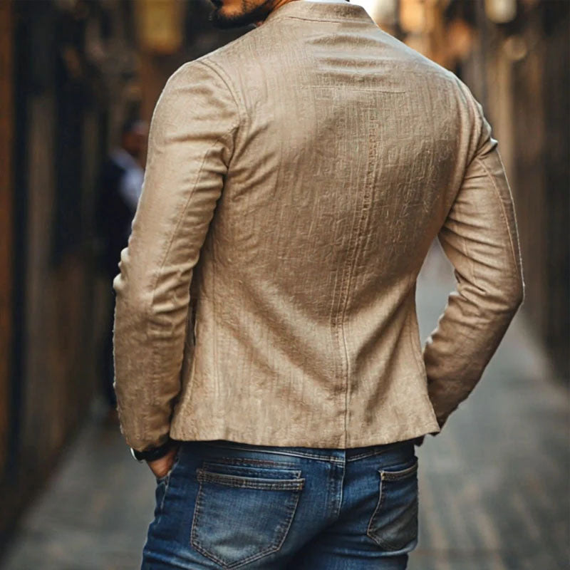 【24-godzinna wysyłka】Męska Casualowa Lniana Kurtka z Haftem z Stojącym Kołnierzem i Zapięciem na Guziki Slim Fit 48687422M