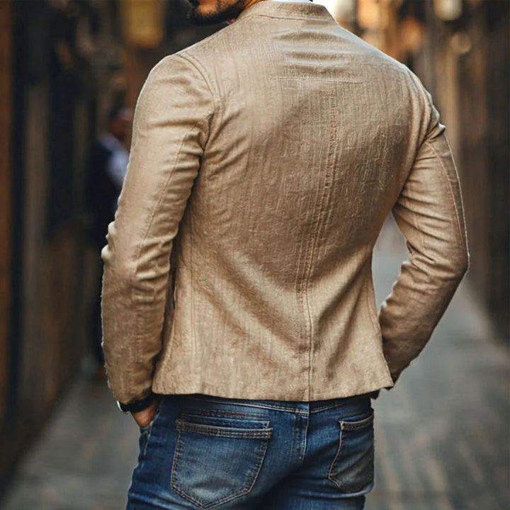 【24-godzinna wysyłka】Męska Casualowa Lniana Kurtka z Haftem z Stojącym Kołnierzem i Zapięciem na Guziki Slim Fit 48687422M
