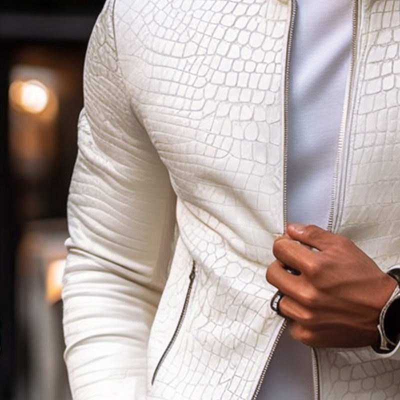 【24-godzinny czas wysyłki】Męska modna kurtka skórzana z zamkiem, slim fit, z wzorem kamienia, kołnierz stojący 45773252M